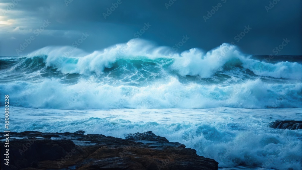 Obraz premium Powerful ocean waves crash against rocky shorelines under a moody sky, creating a dramatic seascape filled with energy and movement.