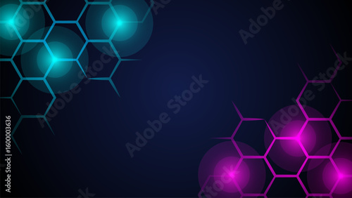 Abstract hexagon pattern background. Dark geometric futuristic technology background with blue and pink neon colored bright flashes under hexagon