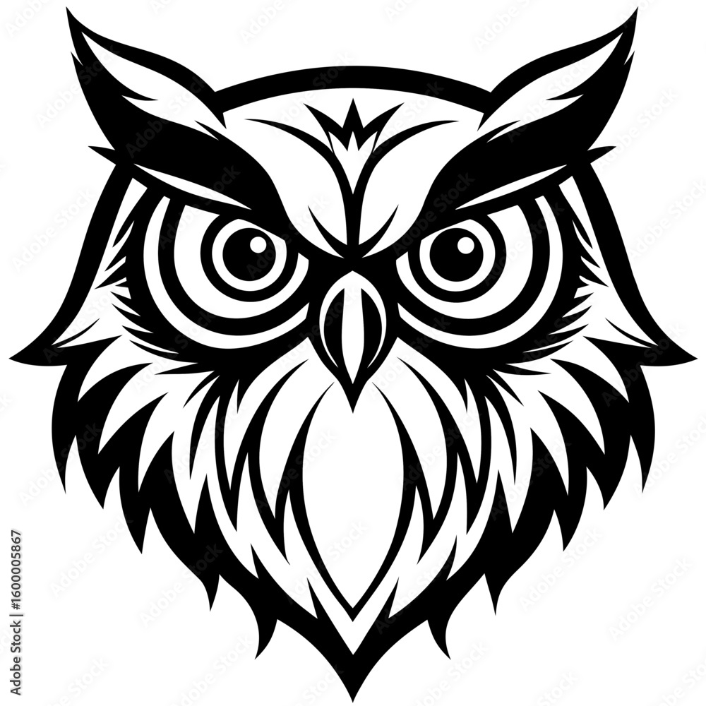Fototapeta premium Tribal Owl SVG Vector Fierce Black and White Owl Head & Full Body Tattoo Design Boho Line Art Animal Logo Mystical Bird Clipart for Print, Apparel, Branding & Decor