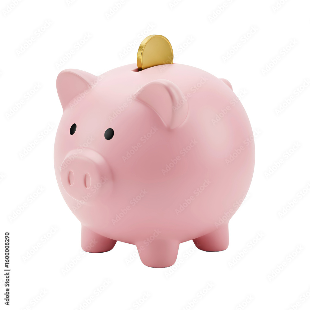 Pink piggy bank with a gold coin being inserted into the slot symbolizing savings and financial growth. Pink piggy bank with a gold coin being inserted into the slot symbolizing savings and financial growth.