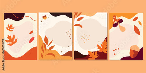 Trendy modern abstract autumn poster with colorful leaves and plants for fall sale, seasonal banner, or elegant flyer design template