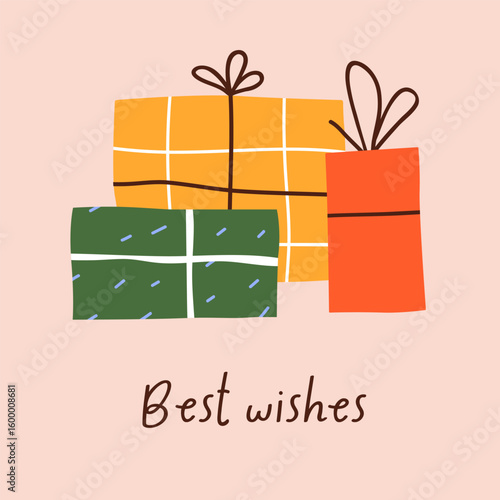 Birthday post card design with gift boxes in festive wrapping and bows. Holid...