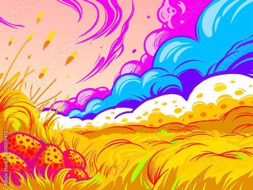 Vivid psychedelic landscape with stylized sky and colorful mushrooms. Psychedelic landscape artwork with exaggerated shapes and intense hues, creates an otherworldly, dreamlike vista.