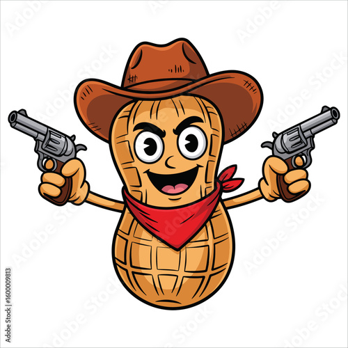 Cartoon smiling peanut cowboy mascot character with guns vector illustration great for playful western, food, and mascot related graphic designs.