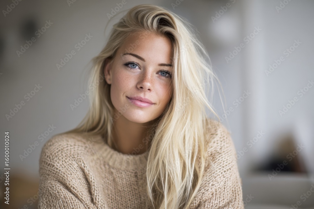 Fototapeta premium Bright young woman with long blonde hair and clear skin wearing cozy sweater indoors.
