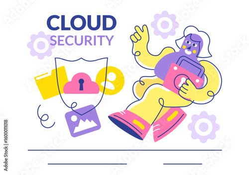 Digital Cloud Security Vector Illustration Featuring Safety and Data Protection for Networks, Internet, Hosting, and Backup Servers in a Technological