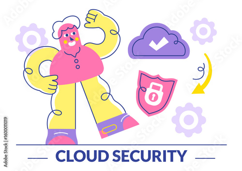 Digital Cloud Security Vector Illustration Featuring Safety and Data Protection for Networks, Internet, Hosting, and Backup Servers in a Technological