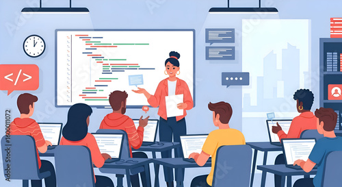 A teacher instructs students in a classroom setting, explaining programming code displayed on a large screen.