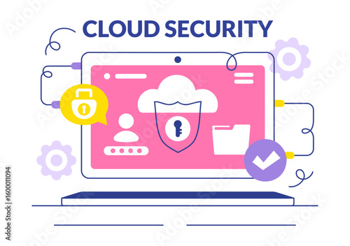 Digital Cloud Security Vector Illustration Featuring Safety and Data Protection for Networks, Internet, Hosting, and Backup Servers in a Technological