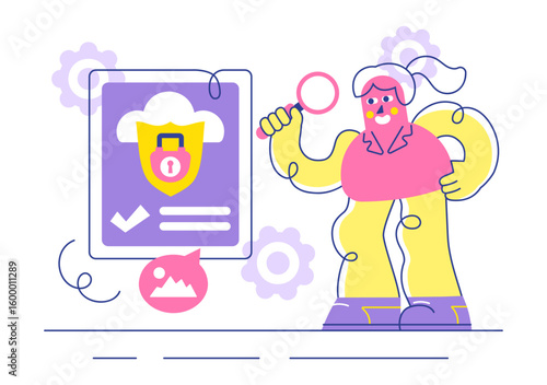 Digital Cloud Security Vector Illustration Featuring Safety and Data Protection for Networks, Internet, Hosting, and Backup Servers in a Technological