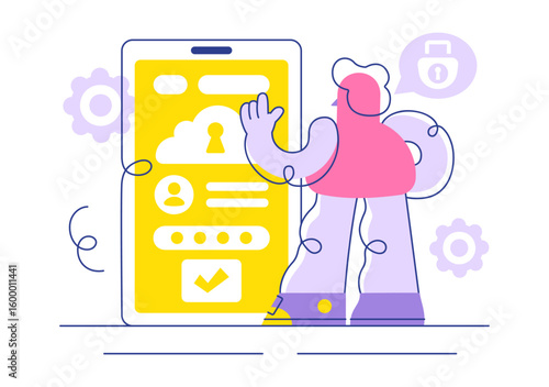 Digital Cloud Security Vector Illustration Featuring Safety and Data Protection for Networks, Internet, Hosting, and Backup Servers in a Technological