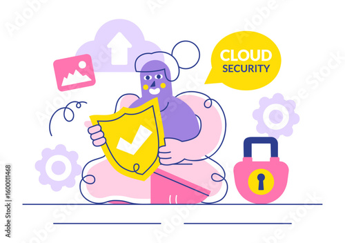 Digital Cloud Security Vector Illustration Featuring Safety and Data Protection for Networks, Internet, Hosting, and Backup Servers in a Technological