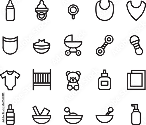 Baby Essentials Line Icons Vector Set – Feeding, Toys, Clothes, and Nursery Items
