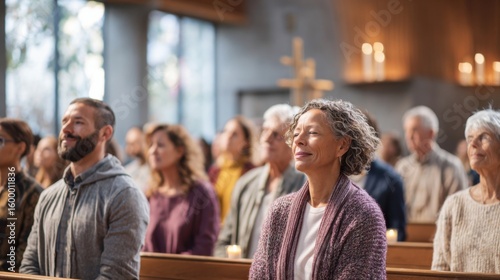Diverse group of adults attending church service in modern indoor church setting with natural light.