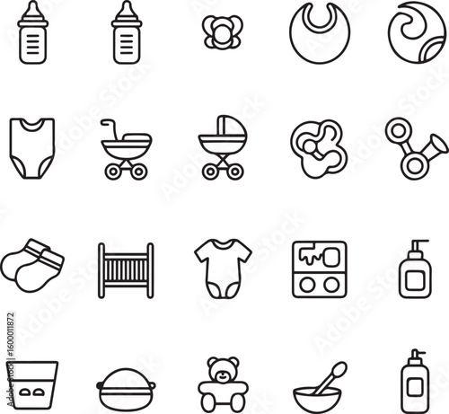 Baby Essentials Line Icons Vector Set – Feeding, Toys, Clothes, and Nursery Items
