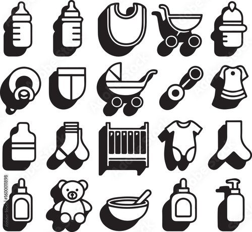Baby Essentials Line Icons Vector Set – Feeding, Toys, Clothes, and Nursery Items

