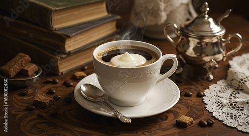 Steaming Coffee with Cream, Vintage Books and Silverware