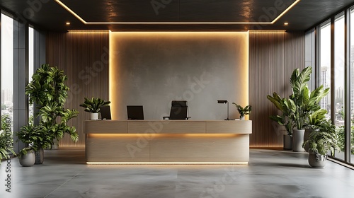 A modern office reception desk with warm ambient lighting and potted plants set against a backdrop of vertical wood
