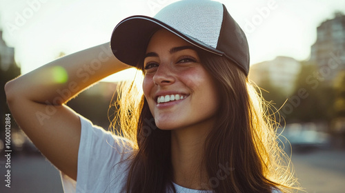Young woman wearing a baseball cap, smiling outdoors