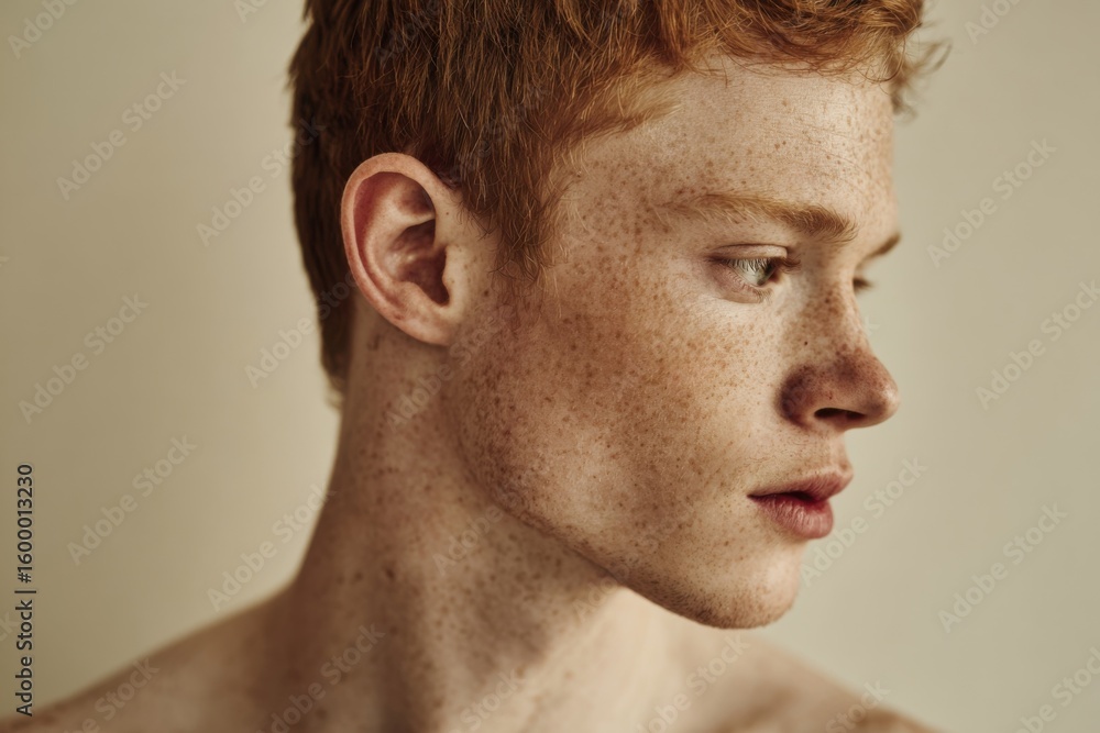 Obraz premium Close-up profile of thoughtful young red-haired man with freckles looking contemplative.