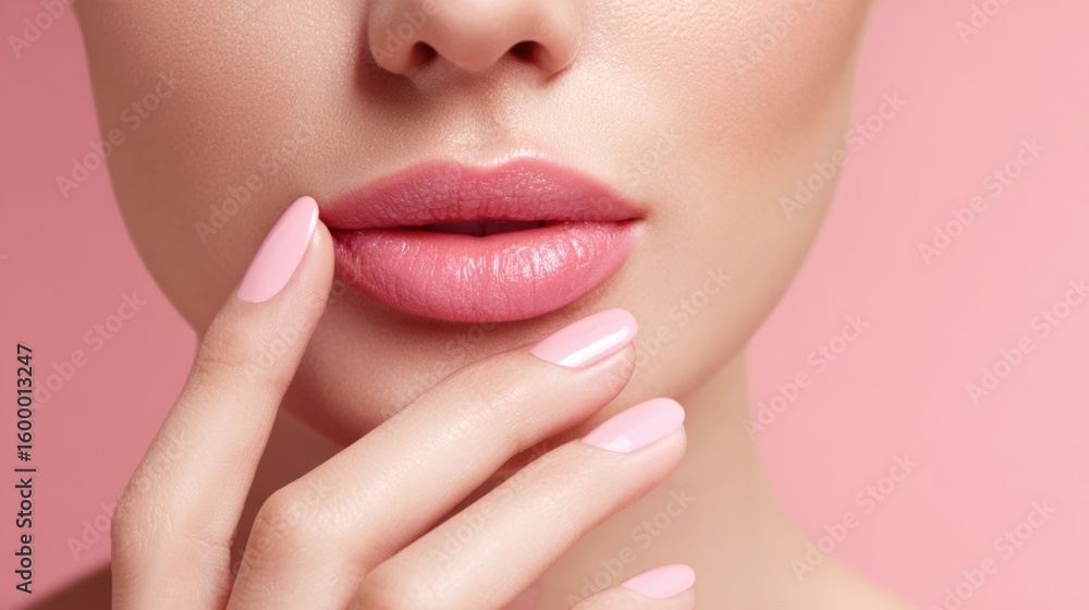 Obraz premium Close up of a woman's lips and hand touching face with soft pink background.