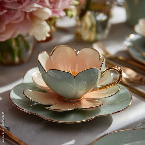 Delicate Floral Teacups with Gold Spoon and Saucer