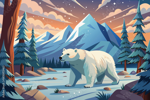 Polar Bear Walking in Snowy Winter Landscape with Mountains and Trees