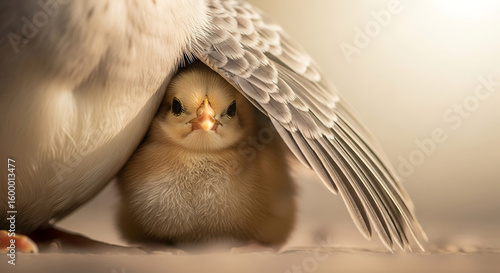 Adorable baby chick nestled under protective wings in a soft and gentle embrace