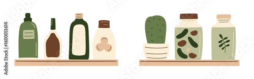 Canned food, cactus and bottles products on shelf. Meal preserved in a glass jar from supermarket or farmer market in zero-waste packaging for eco-friendly design. Vector illustration in organic flat