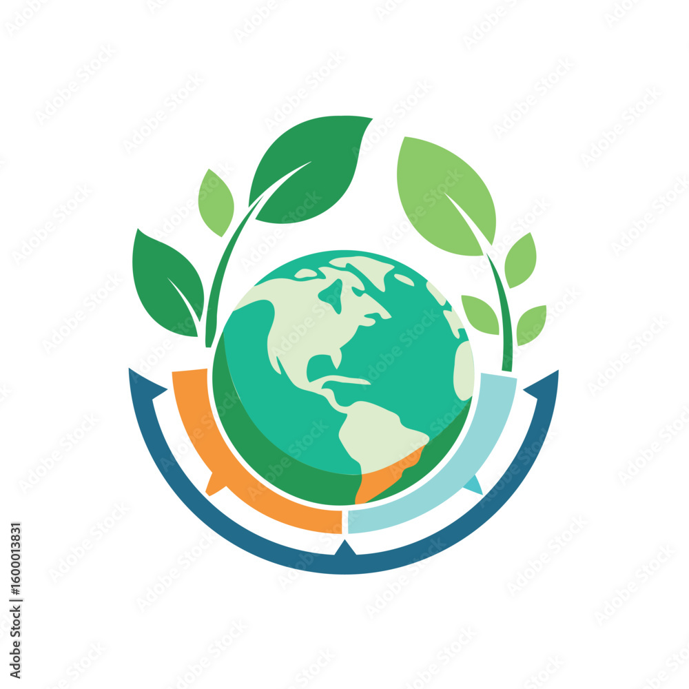 Green earth with growing leaves and circular arrows isolated on white background Green earth with growing leaves and circular arrows isolated on white background