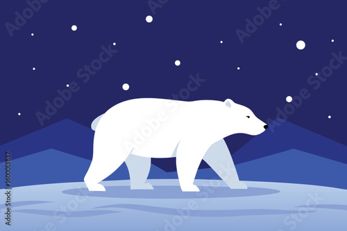 Polar Bear Walking in Arctic Landscape Under Starry Night Sky Illustration