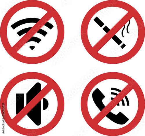 Set of prohibited icons for cigarette smoking, loud sound, phone use with red slash symbol, perfect for warning signs and posters