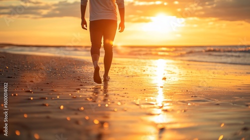 A person walking on the beach at sunset, with a golden glow and soft lighting, AI Generative.