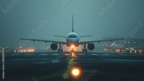Modern passenger airplane facing front on runway in early morning fog with soft natural light and cinematic tones, symbolizing travel, anticipation, and modern aviation
