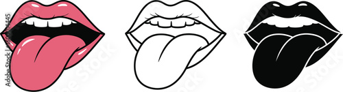 Mouth with tongue vector illustration set drawing lips teeth design graphic art symbol expression 100