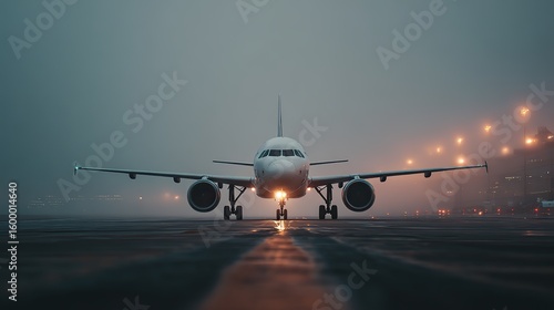 Modern passenger airplane facing front on runway in early morning fog with soft natural light and cinematic tones, symbolizing travel, anticipation, and modern aviation