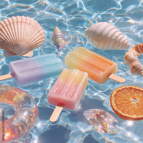 Colorful Popsicles with Citrus and Shells in Pool Water