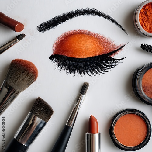 Creative Makeup Art with Orange Eyeshadow and Cosmetics