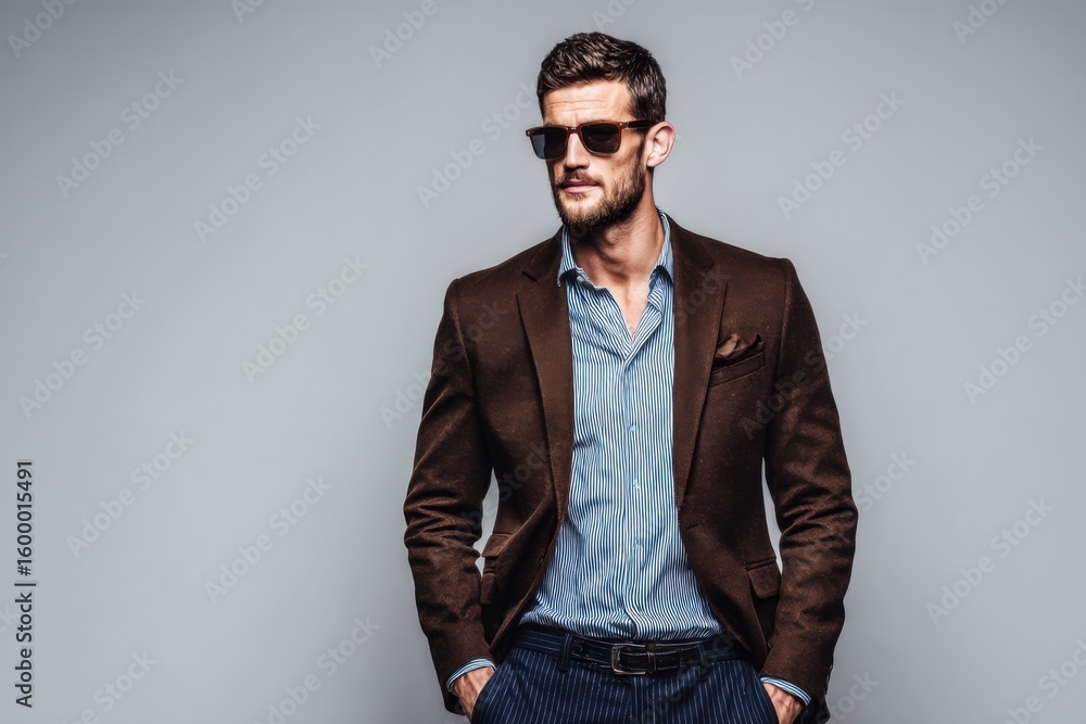 Obraz premium Stylish Man Wearing Sunglasses Brown Blazer Blue Shirt Casual Fashion Portrait.