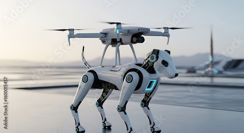 Futuristic robot dog carrying drone depicting technological innovation and advancement in the future