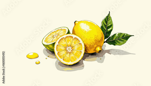 Fresh lemons with leaves and sliced pieces on light background  