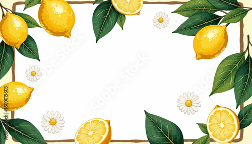 Fresh lemons and daisies arranged in a decorative border design  