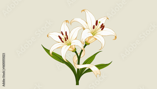 White lilies with green leaves on pastel background  