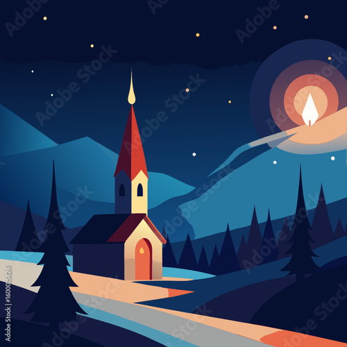 Christmas Candlelight Church Service vector illustration