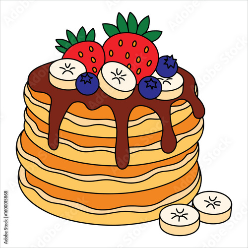 Cartoon style fluffy pancakes with banana circles and honey, vector illustration ideal for breakfast themes, sweet snack visuals, and menu graphics