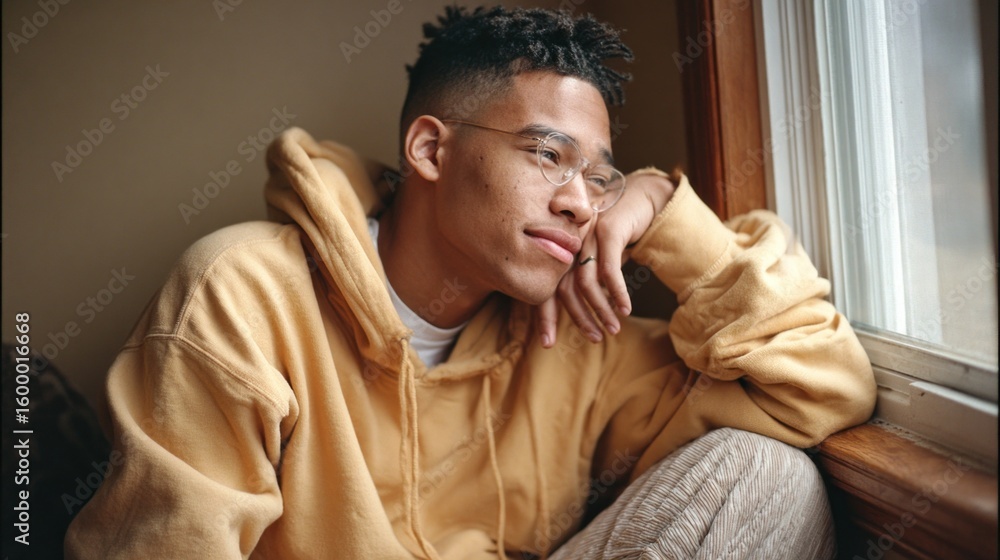 Fototapeta premium young man relaxes in a comfortable hoodie and glasses, thoughtfully gazing out the window. Sunlight filters in, creating a serene atmosphere in the cozy indoor setting