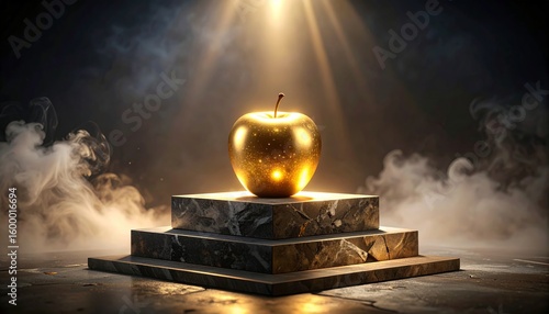Golden apple rests on a stone pedestal illuminated by mystical light in a dark setting