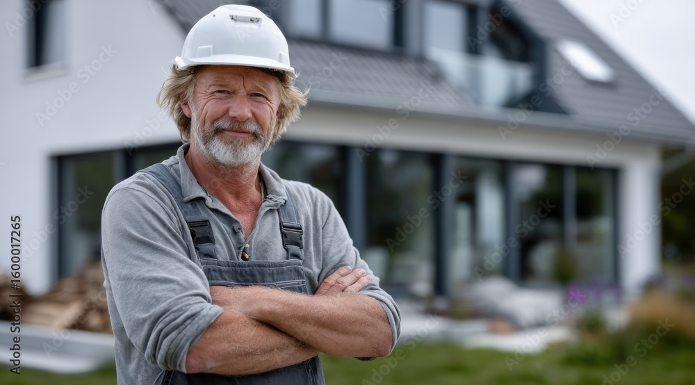 construction worker with a gray beard and a construction helmet poses proudly in front of a modern house. setting is rural, showcasing the contemporary architecture and greenery construction worker with a gray beard and a construction helmet poses proudly in front of a modern house. setting is rural, showcasing the contemporary architecture and greenery