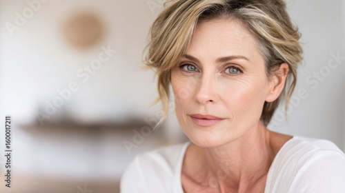 Close-up portrait of mature woman with short blonde hair and natural makeup indoors.