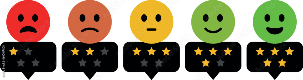 Fototapeta premium Creative emoji face expression with rating icon set showing emotions like happy, sad, confused, angry for chat, messaging, rating 